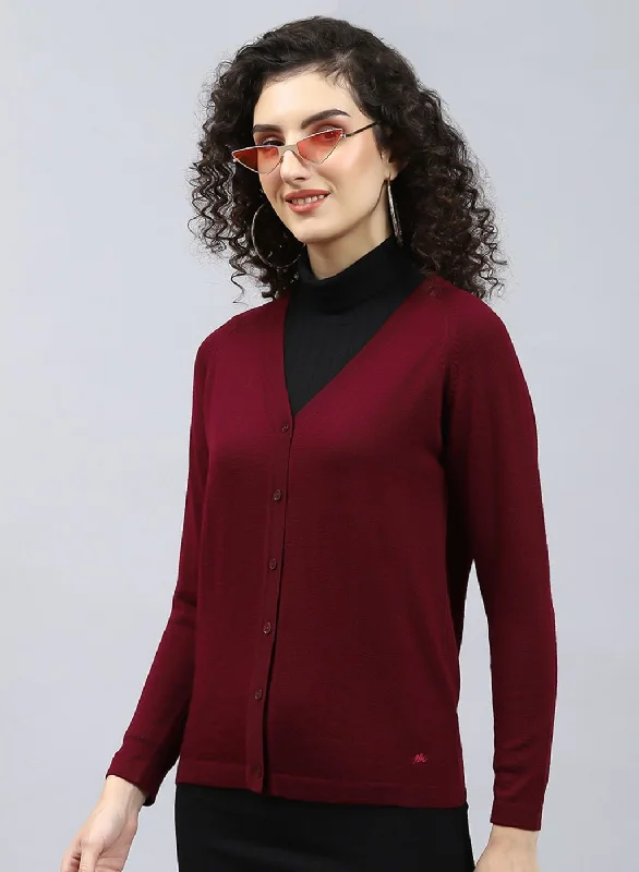 Women Maroon Solid Pure wool Cardigan