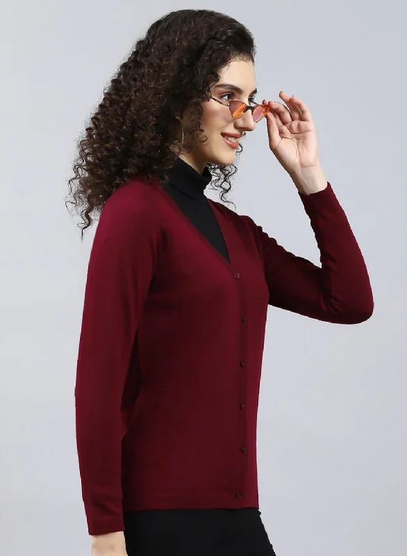 Women Maroon Solid Pure wool Cardigan