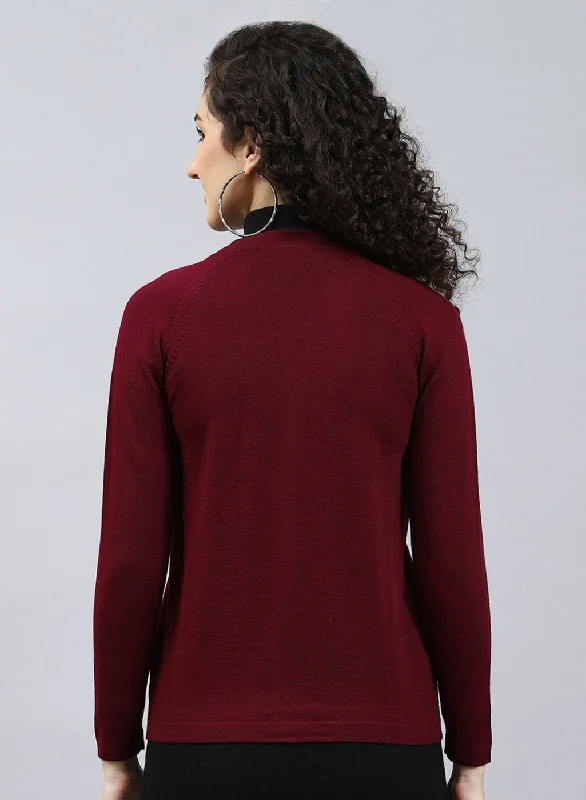 Women Maroon Solid Pure wool Cardigan