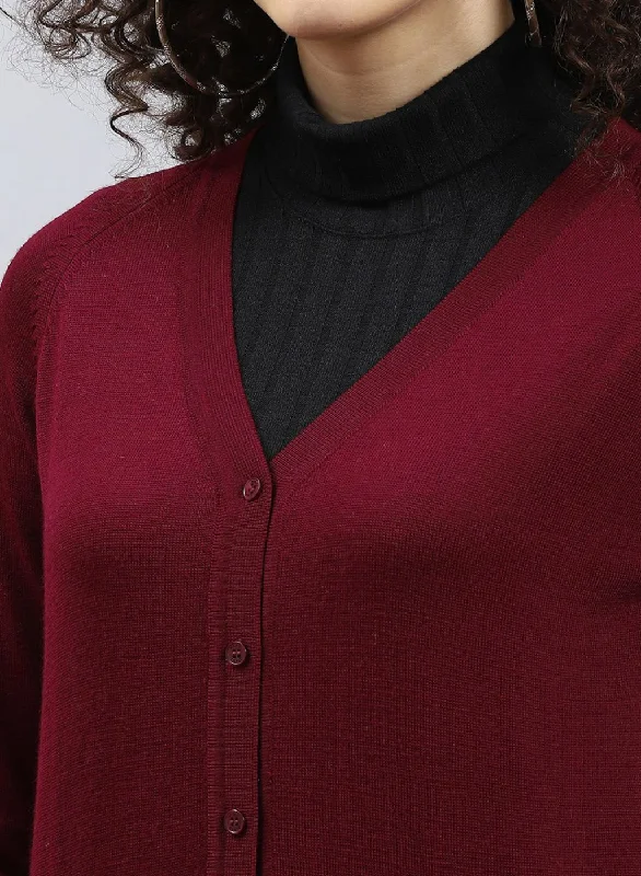 Women Maroon Solid Pure wool Cardigan