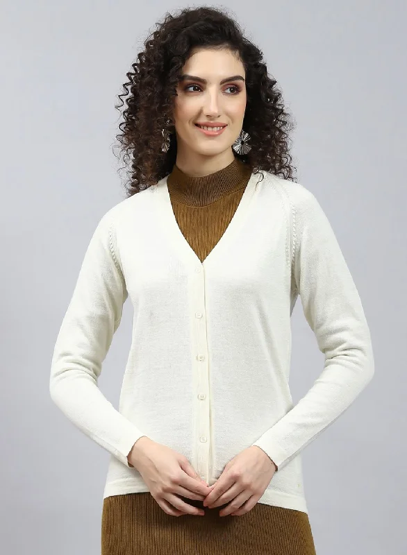 Women Off White Solid Pure wool Cardigan