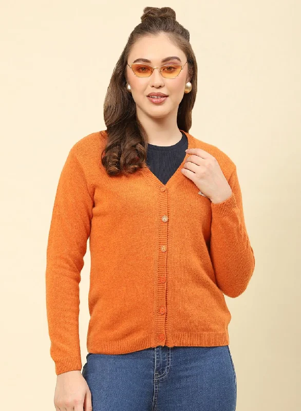 Women Orange Solid Lamb wool Cardigan