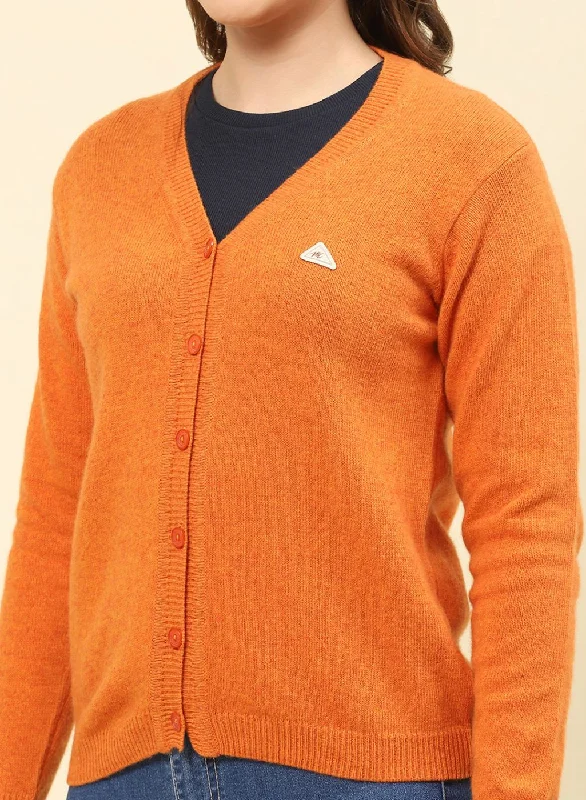 Women Orange Solid Lamb wool Cardigan