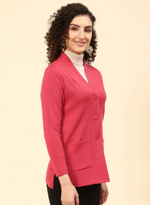 Women Red Solid Pure wool Cardigan