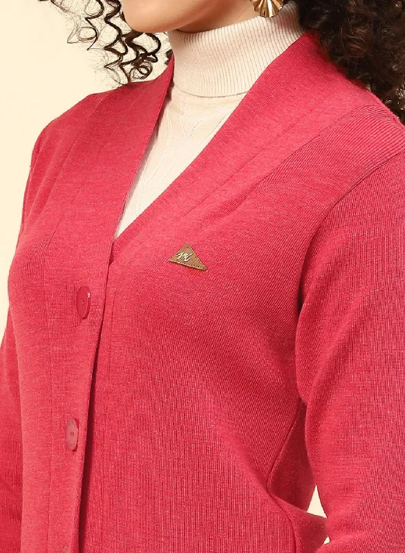 Women Red Solid Pure wool Cardigan