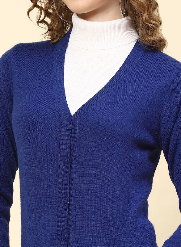 Women Royal Blue Solid Modal Nylone Cardigan