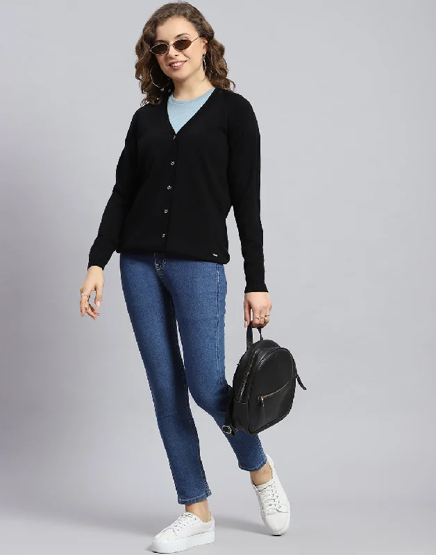 Women Black Solid V Neck Full Sleeve Cardigan