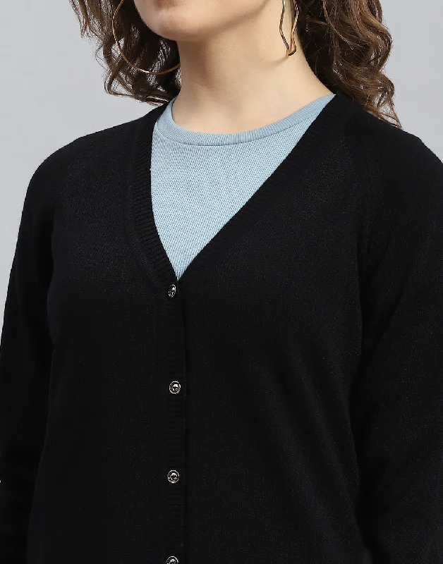 Women Black Solid V Neck Full Sleeve Cardigan