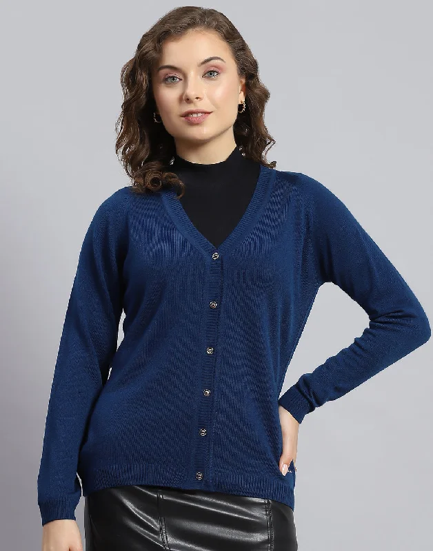 Women Blue Solid V Neck Full Sleeve Cardigan