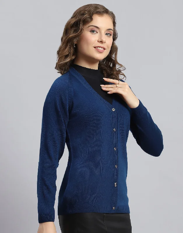 Women Blue Solid V Neck Full Sleeve Cardigan