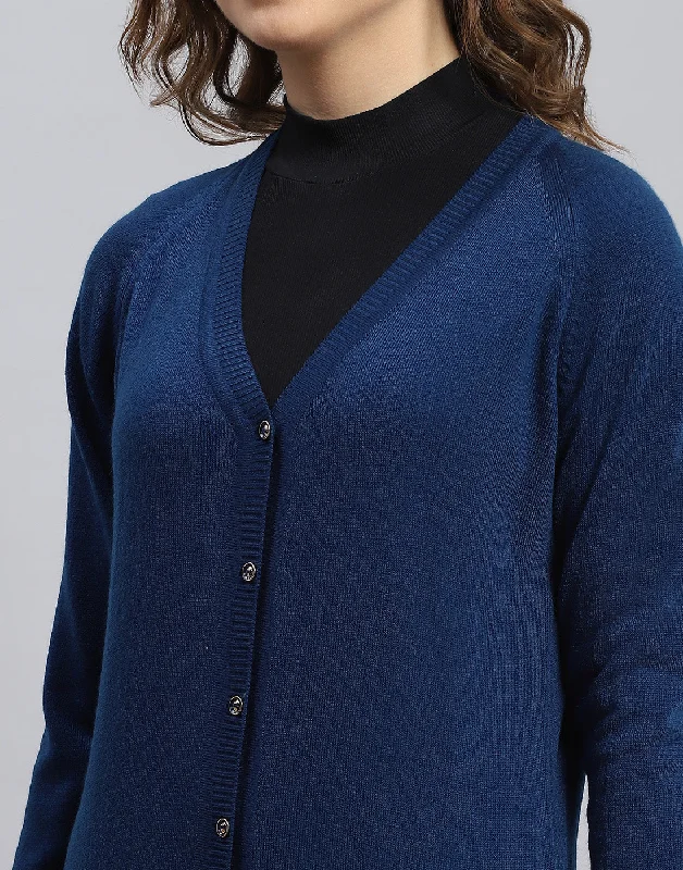 Women Blue Solid V Neck Full Sleeve Cardigan