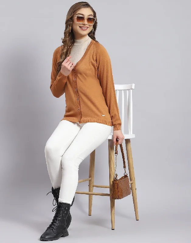 Women Brown Solid V Neck Full Sleeve Cardigan