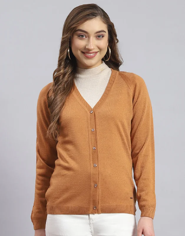 Women Brown Solid V Neck Full Sleeve Cardigan