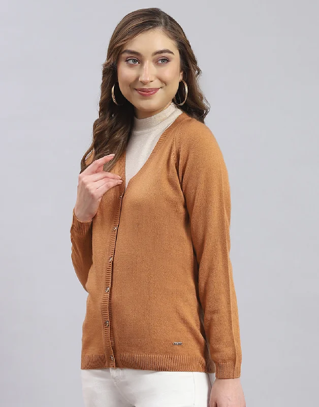 Women Brown Solid V Neck Full Sleeve Cardigan