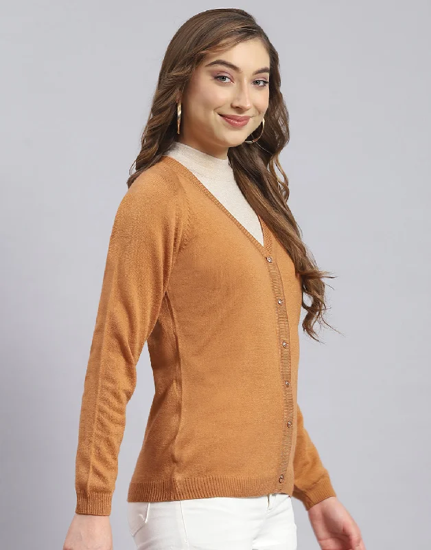 Women Brown Solid V Neck Full Sleeve Cardigan