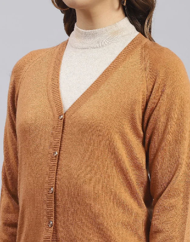 Women Brown Solid V Neck Full Sleeve Cardigan