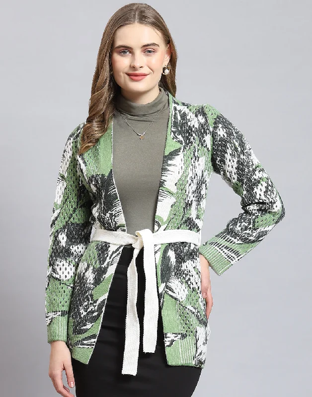 Women Green Printed V Neck Full Sleeve Cardigan