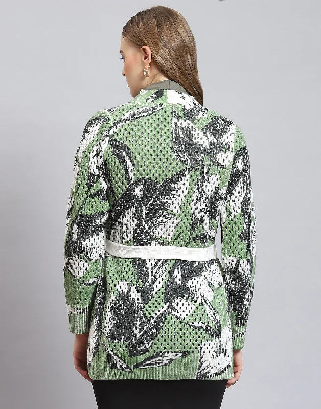 Women Green Printed V Neck Full Sleeve Cardigan