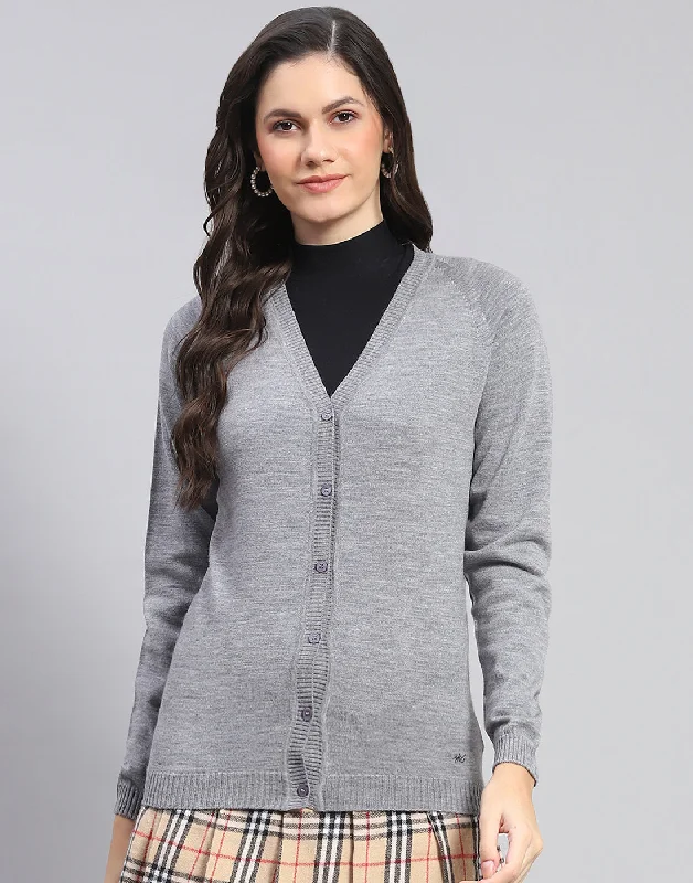 Women Grey Solid V Neck Full Sleeve Cardigan