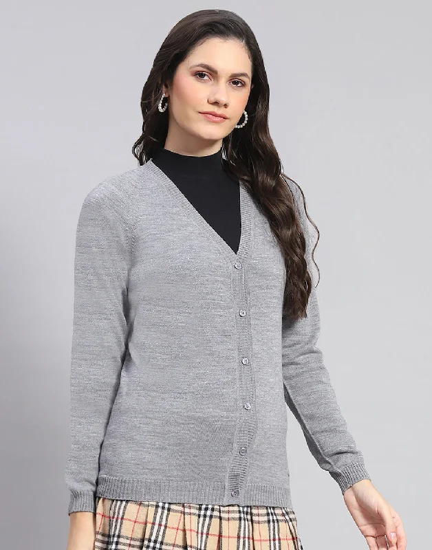 Women Grey Solid V Neck Full Sleeve Cardigan