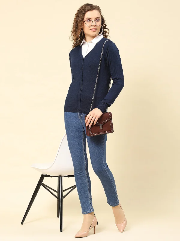 Women Navy Blue Solid V Neck Full Sleeve Cardigans