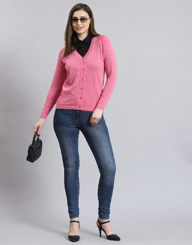 Women Pink Solid V Neck Full Sleeve Cardigan