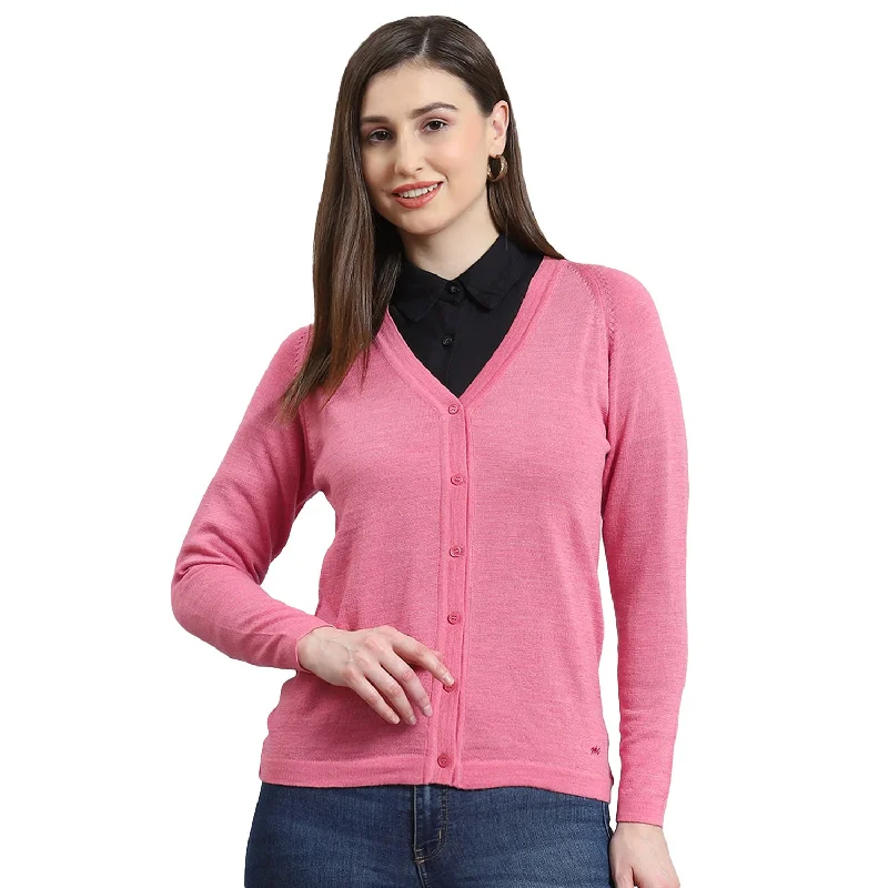 Women Pink Solid V Neck Full Sleeve Cardigan