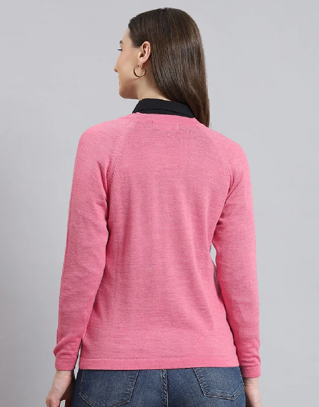 Women Pink Solid V Neck Full Sleeve Cardigan