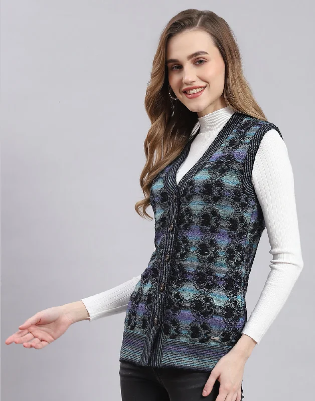 Women Purple Self Design V Neck Sleeveless Cardigan