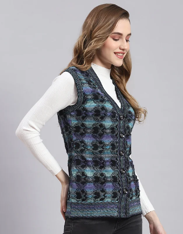 Women Purple Self Design V Neck Sleeveless Cardigan