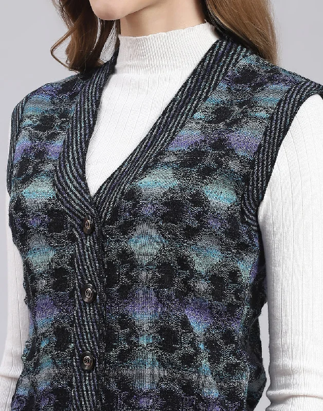 Women Purple Self Design V Neck Sleeveless Cardigan