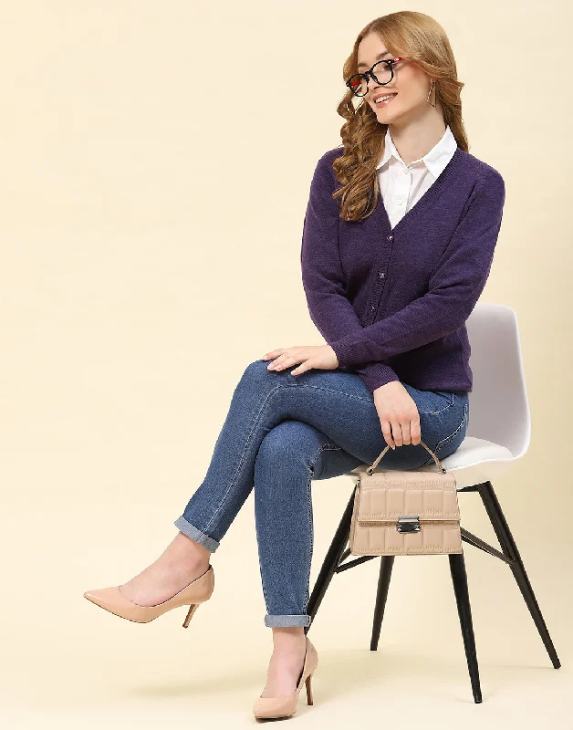 Women Purple Solid V Neck Full Sleeve Cardigan