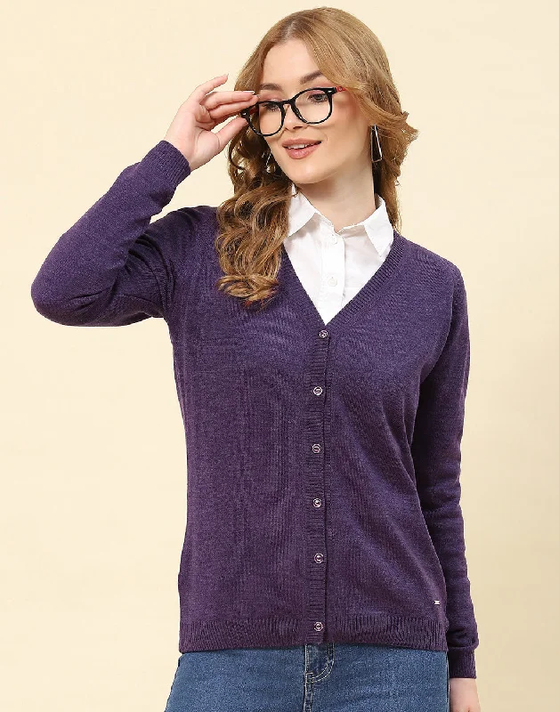 Women Purple Solid V Neck Full Sleeve Cardigan