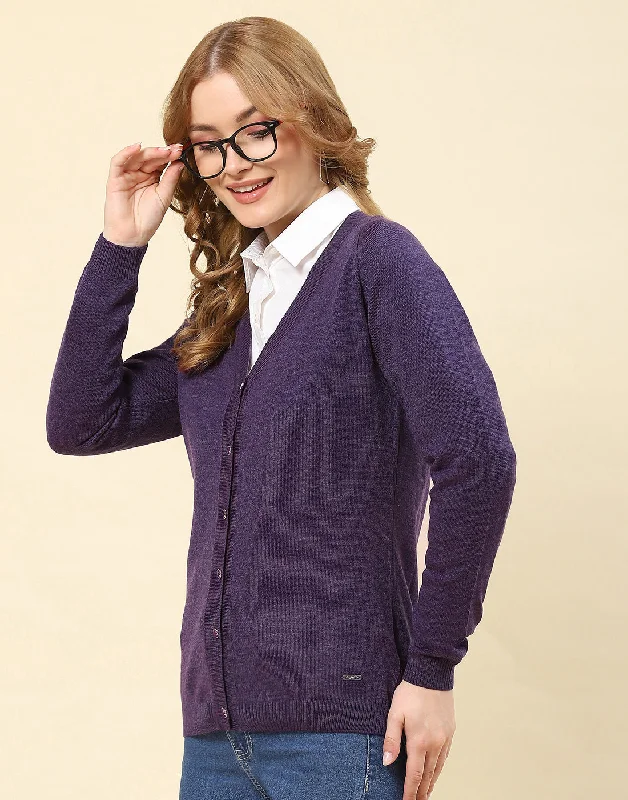 Women Purple Solid V Neck Full Sleeve Cardigan