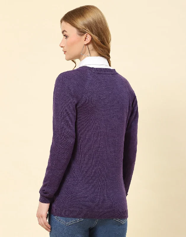 Women Purple Solid V Neck Full Sleeve Cardigan