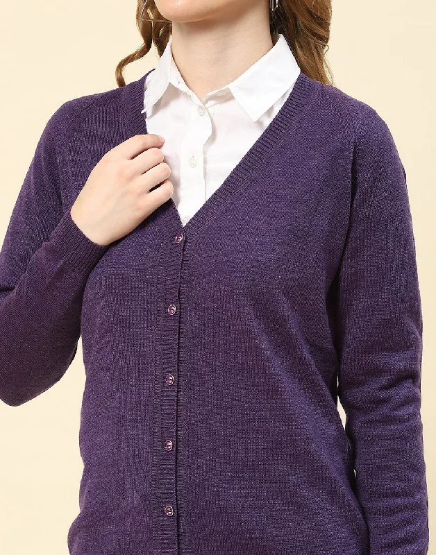 Women Purple Solid V Neck Full Sleeve Cardigan