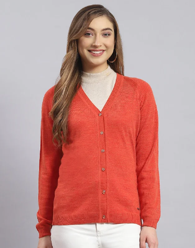 Women Rust Solid V Neck Full Sleeve Cardigan