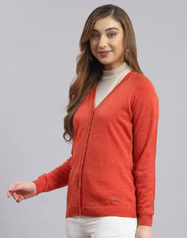 Women Rust Solid V Neck Full Sleeve Cardigan