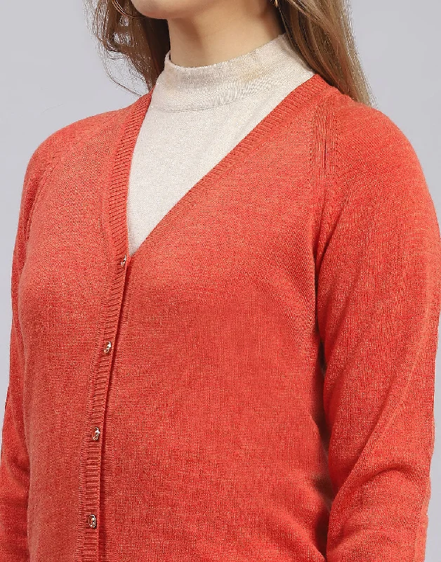 Women Rust Solid V Neck Full Sleeve Cardigan