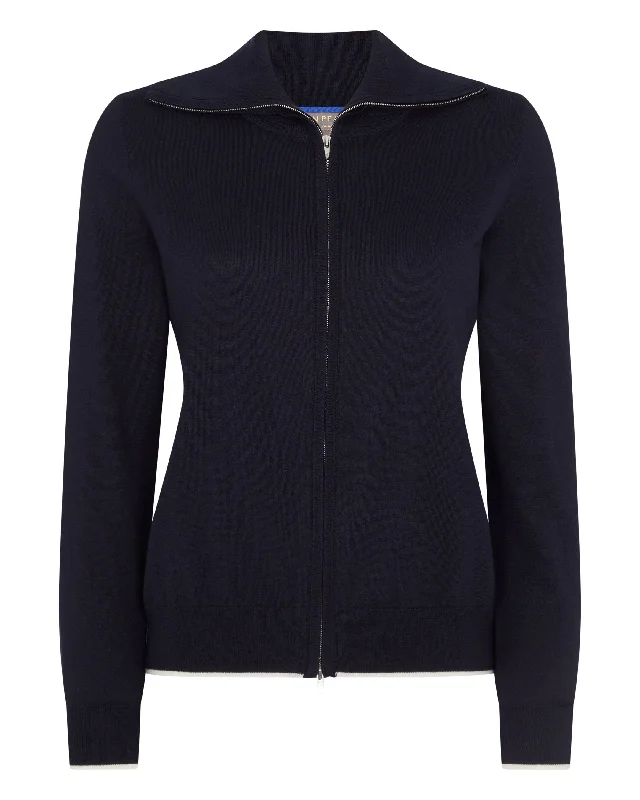 Women's Cotton Cashmere Full Zip Sweater Navy Blue