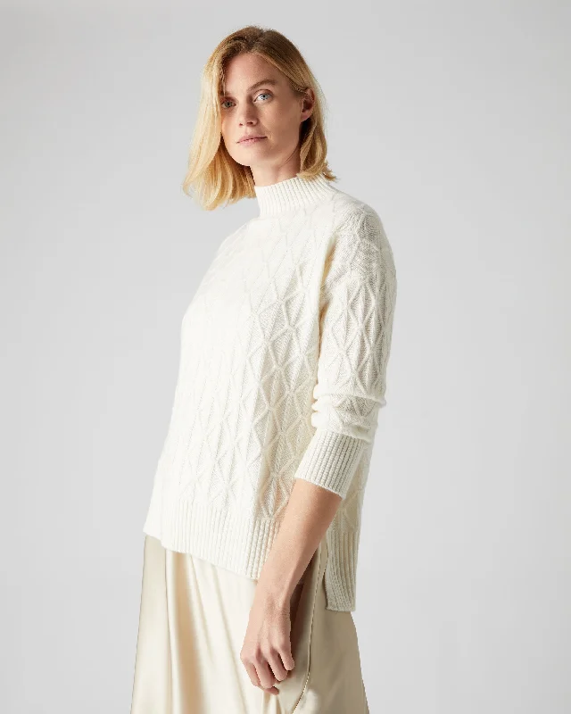 Women's Longline Cable Cashmere Sweater New Ivory White